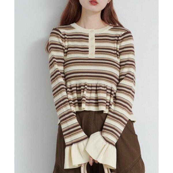 ニット セーター 「ボーダ＆無地」ペプラムヘンリーニット レディース