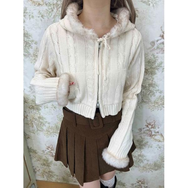 パーカー フェイクファーフードケーブルパーカー レディース