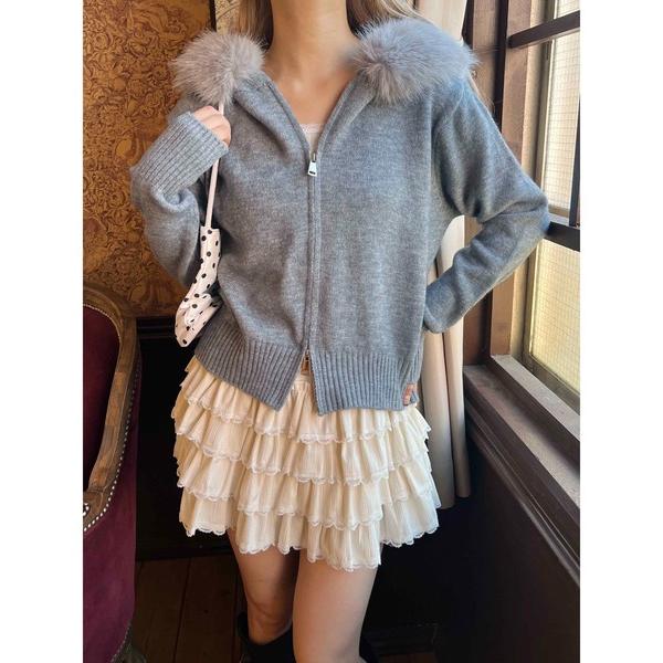 パーカー ボリュームファーフードニットパーカー レディース