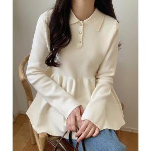 ニット セーター ポロ襟ペプラムニットトップス レディース