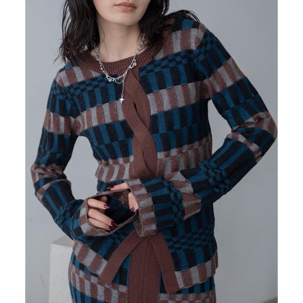 ニット セーター ツイストライン幾何学ブロック柄トップス レディース