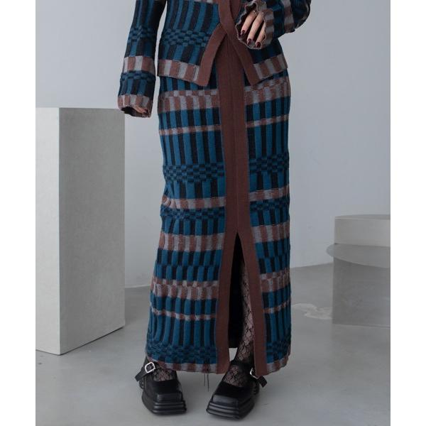 スカート 幾何学ブロック柄ロングニットスカート