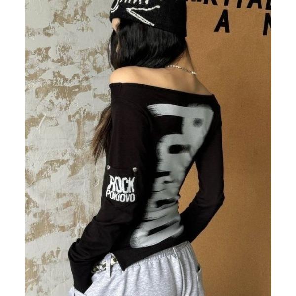 tシャツ 2wayオフショルロングスリーブトップス／ブラッシュプリントデザイン　ロンT　長袖Tシャツ...