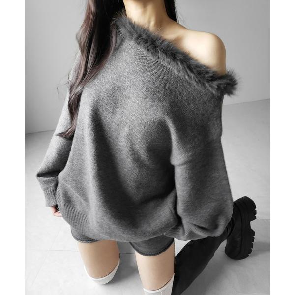 セットアップ 「 ニットセットアップ 」フェイクファーワンショルオーバーニット ＋ ニットショートパ...