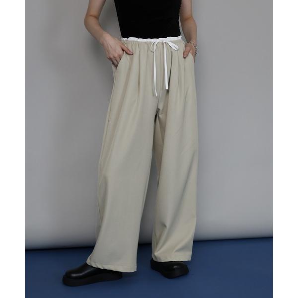 スラックス パンツ レイヤードウエストリボンパンツ レディース