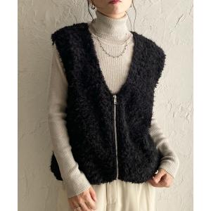 ベスト ジレ 深Vネックフェザーヤーンダブルジップシャギーニットベスト レディース