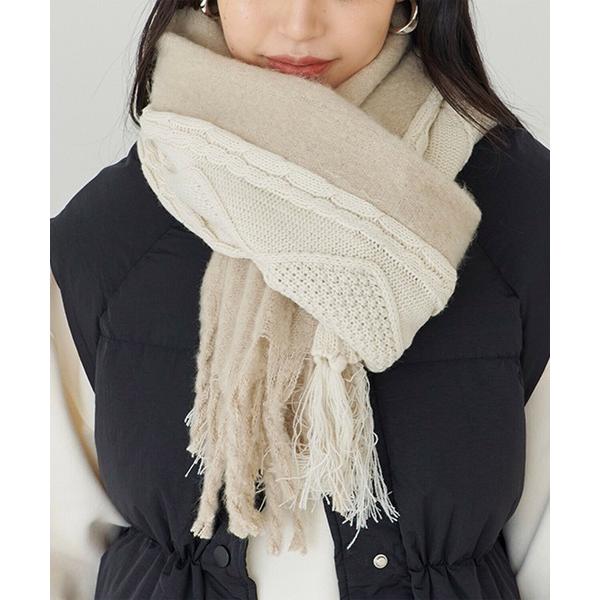 ストール マフラー ケーブル編みニット×無地　切り替えストール レディース
