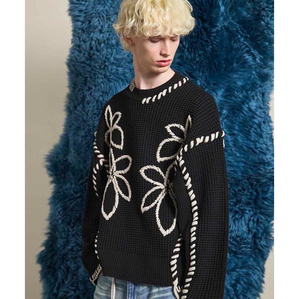 セーター ニット 「UNISEX」Oni-Waffle Flower Embroidery Prim...