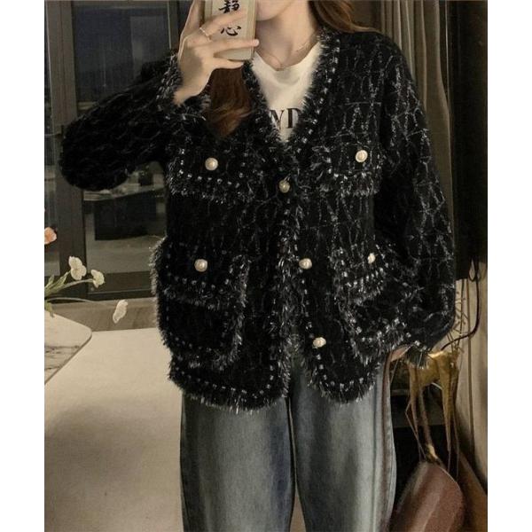 ブルゾン アウター ツイード風ニットジャケットレディース上品 レディース