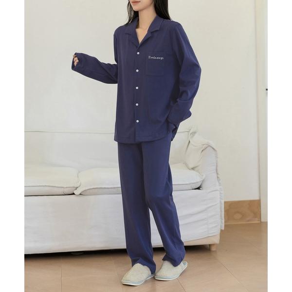 パジャマ ルームウェア 「セットアップ」長袖ワンポイントロゴ開襟シャツ+ロングパンツ ルームウェア上...
