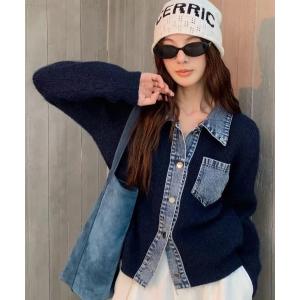 ポロシャツ ポロ デニム切り替えニットカーディガン／異素材ドッキングデザイン レディース