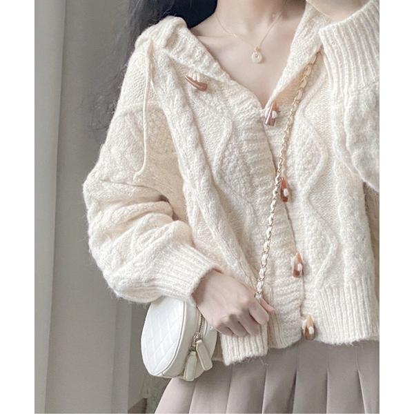 カーディガン トグルボタン ケーブルニットフーディーカーディガン レディース