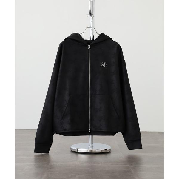 パーカー PU風スウェードタッチダンボール ロゴ刺繍ダブルZIPパーカー メンズ レディース