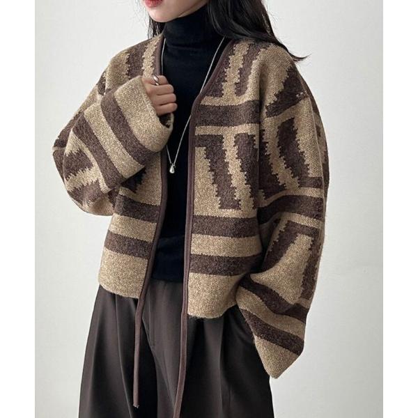 カーディガン 幾何学柄デザインのオーバーサイズニットカーディガン レディース