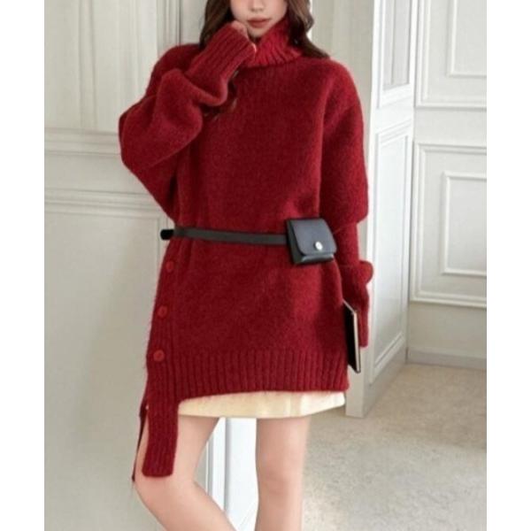 ワンピース 不規則ボタンデザインのオーバーサイズハイネックニットワンピース