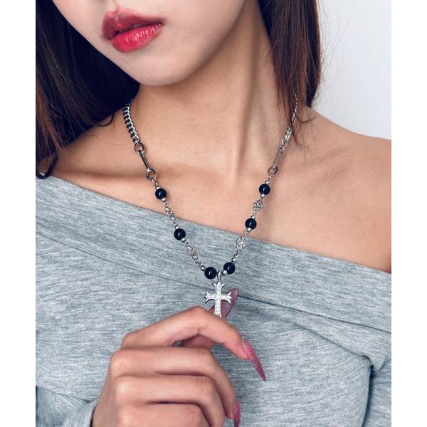 ネックレス 「ブラックビーズ」クロスネックレス レディース
