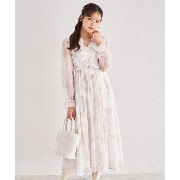 ワンピース ベルト付きオパールドット×フラワープリントティアードワンピース