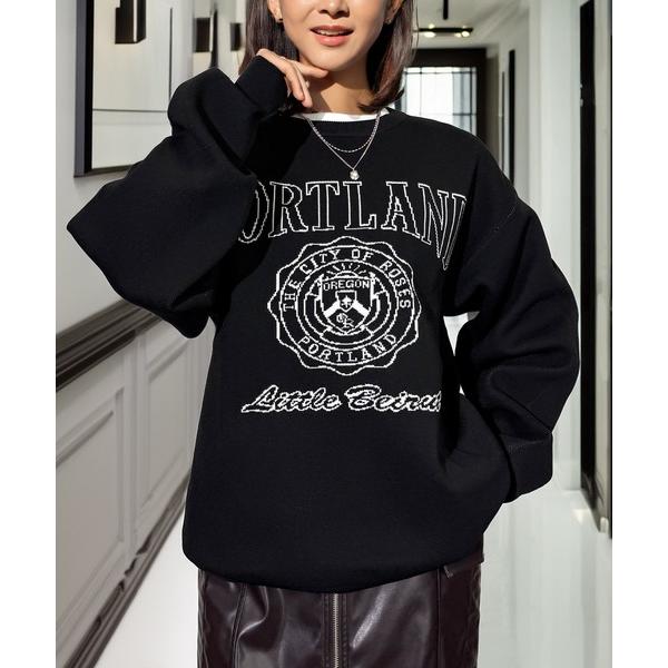 ニット セーター ふっくらボリューム袖 カレッジ ロゴ スウェットライクニット 韓国 レディース メ...