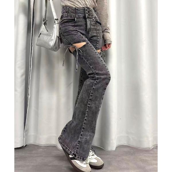 ジーンズ デニム デニムパンツ ハイウエストカットアウトリボンデニムパンツ レディース