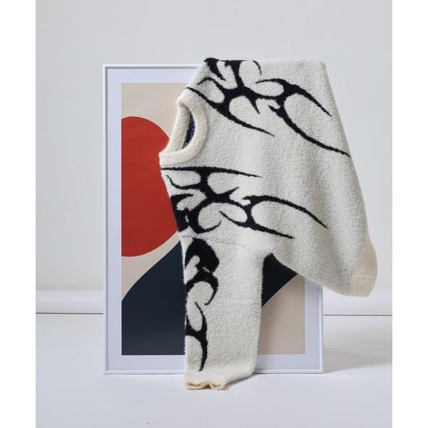 セーター ニット フェザーヤーントライバル柄ルーズサイズクルーニット メンズ レディース