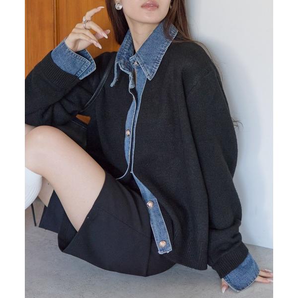 カーディガン デニム異素材ドッキング 襟付きニットカーディガン レディース