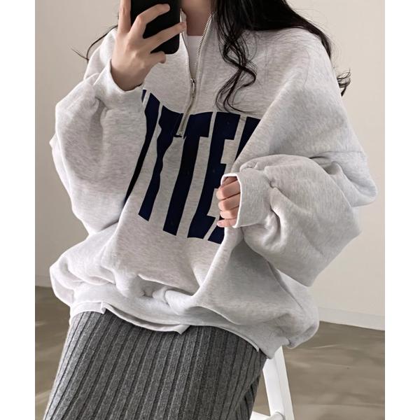 トレーナー スウェット 裏起毛オーバーサイズハーフジップロゴスウェット レディース