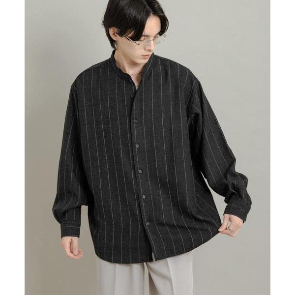 シャツ ウールタッチストライプバンドカラーシャツ メンズ