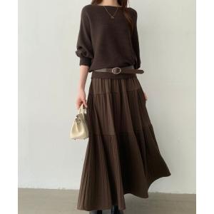セットアップ ベルト付きドルマンニット＆ティアードプリーツスカートセットアップ レディース