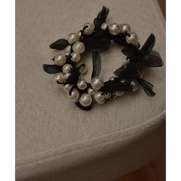 ヘアゴム 「resonance」チュールリボン×パール パウダーカラー ヘアゴム