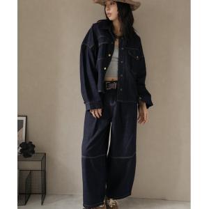 セットアップ 「3set」パイピングデニムジャケット＆ベルト付きカーブパンツ レディース
