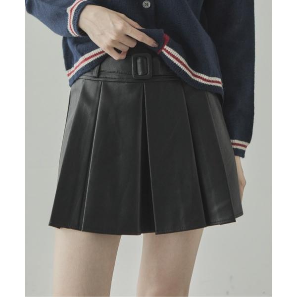 スカート ベルト付きフェイクレザープリーツミニスカート