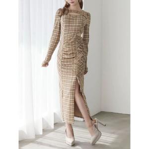 ワンピース デコルテチェックワンピース