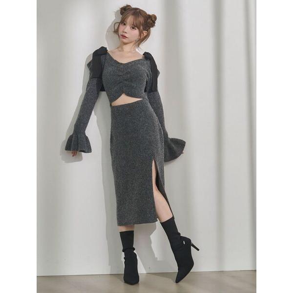 ワンピース リボンショルダーロングニットワンピース