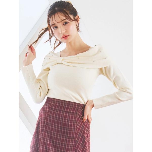 ニット セーター ビジュー付きリボンオフショルニットトップス レディース