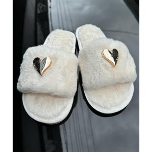 スリッパ メタリック ハート付き オープントゥ ファー スリッパ