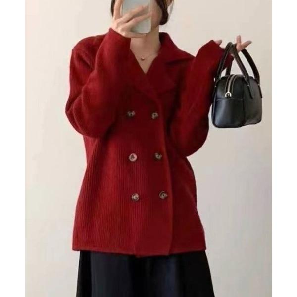 ブルゾン アウター 襟付きダブルブレストニットカーディガン レディース