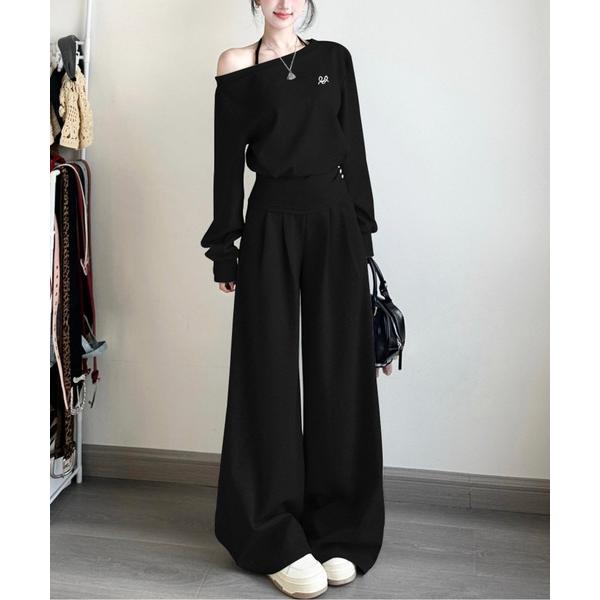 トレーナー スウェット オフショルダートップス＋ワイドパンツセットアップ レディース
