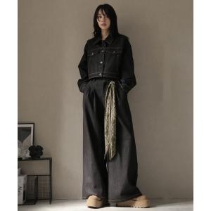 セットアップ 「セットアップ」スカーフ付カラーデニムジャケット＆ワイドフレアパンツ レディース