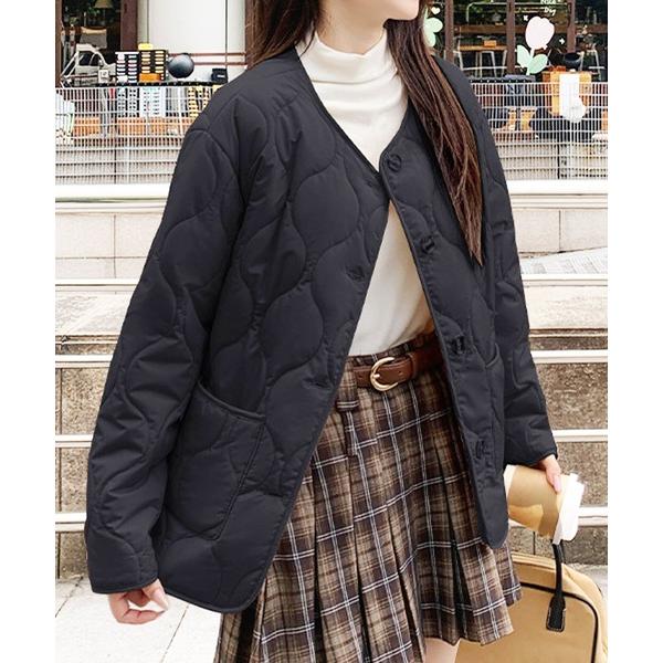 ジャケット ノーカラージャケット シンプルなのに存在感をプラス軽くて暖かい！キルティングノーカラーボ...