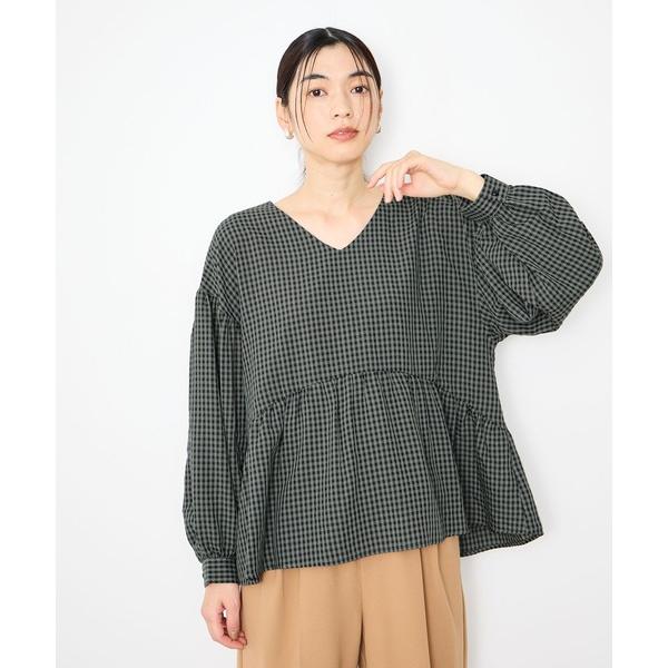 ブラウス シャツ Idnes ぺプラムギンガムチェックブラウス レディース