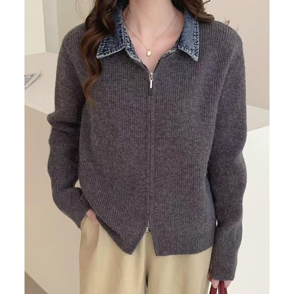 ニット セーター デニムドッキングダブルジップニットトップス レディース