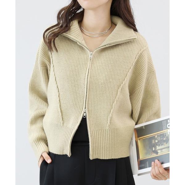 ブルゾン アウター 片畦編みハイネックダブルジップブルゾン レディース