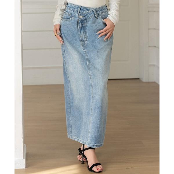 デニムスカート 斜めクロスデザインでウエスト綺麗魅せ。マキシ丈デニムナロースカート レディース