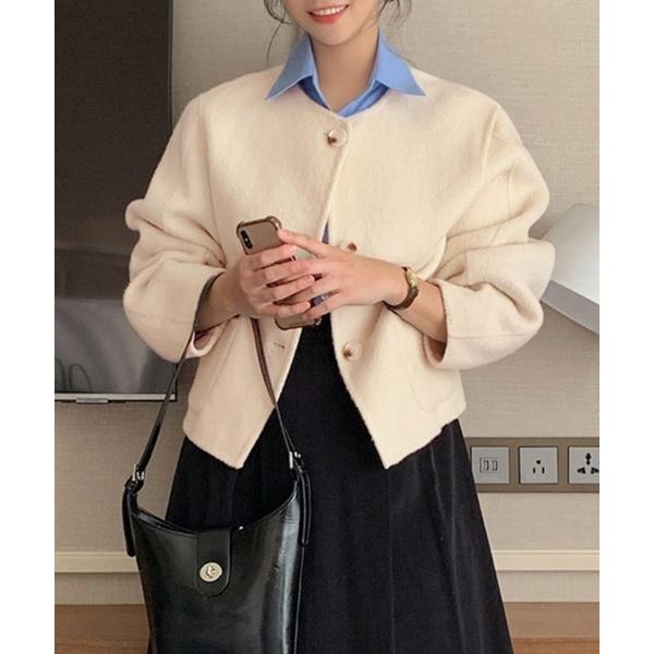 ジャケット ノーカラージャケット ラウンドカラー×ボタンフロントショートジャケット レディース