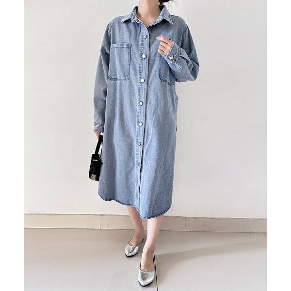シャツワンピース カーブヘムデニムシャツワンピース