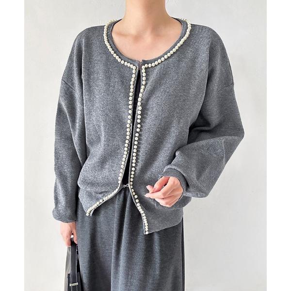 カーディガン 縁取りデザインミドル丈ニットカーディガン レディース