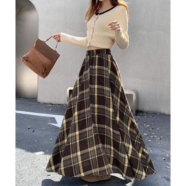 スカート チェック柄フレアラインロングスカート