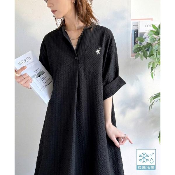 ワンピース 「接触冷感機能付き」サラッと着こなす。胸刺繍入りポケットデザインロールアップサッカーワン...