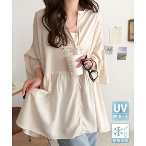 uvカット ブラウス シャツ 「接触冷感・UVカット機能付き」涼感ひらり、上品きれい。麻混 前後2way 袖フリルウエスト切り替え ペプラムブラウス