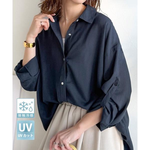 ブラウス シャツ 「UVケア素材」軽やかにデイリーに使える。レーヨン麻混オーバーサイズロールアップシ...